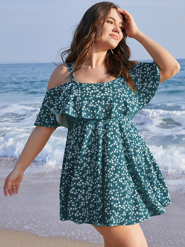 Ditsy Floral Cold Shoulder Sculpt Waist Ruffles Swim Dress 12 Ditsy Floral Cold Shoulder Sculpt Waist Ruffles Swim Dress - Image 10