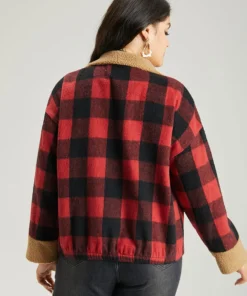 Plaid Patchwork Zipper Contrast Pocket Jacket -Clothing Shop 865423521 ra