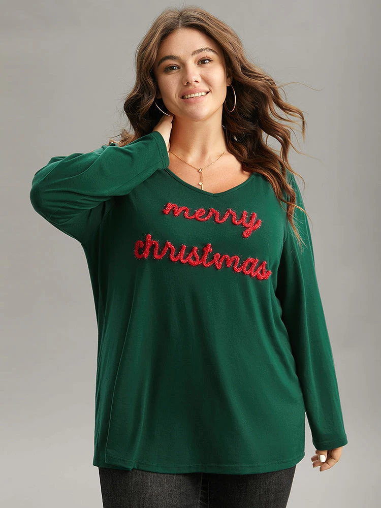 Christmas Letter Embroidered Contrast T-shirt 6 Christmas Letter Embroidered Contrast T-shirt - Image 4