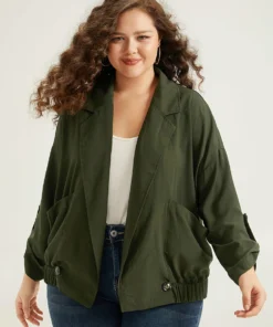 Lapel Collar Solid Gathered Tab Sleeve Jacket -Clothing Shop 866329707 ku