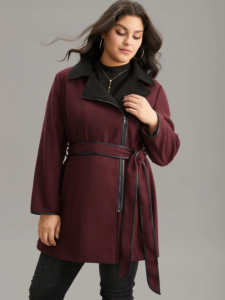 Lapel Collar Contrast Patchwork Zipper Belted Coat 3 Lapel Collar Contrast Patchwork Zipper Belted Coat