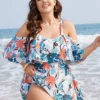 Tropical Adjustable Straps Cold Shoulder Ruffles Trim Swim Dress