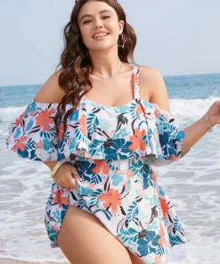 Tropical Adjustable Straps Cold Shoulder Ruffles Trim Swim Dress