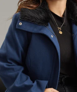 Plain Fuzzy Trim Zipper Belted Woolen Coat 12 Plain Fuzzy Trim Zipper Belted Woolen Coat -Clothing Shop 867449954 ws