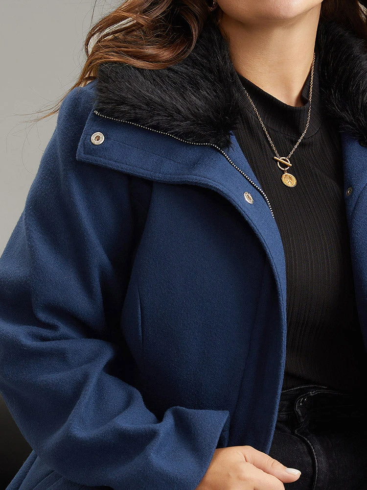 Plain Fuzzy Trim Zipper Belted Woolen Coat 7 Plain Fuzzy Trim Zipper Belted Woolen Coat - Image 5