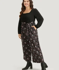 Halloween Skull Print Patchwork Belted Jumpsuit -Clothing Shop 867510452 gh