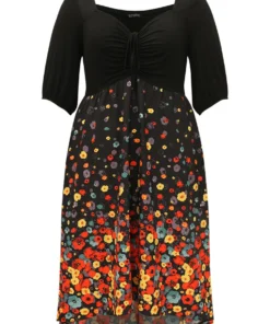 Floral Print Patchwork Drawstring Square Neck Dress 23 Floral Print Patchwork Drawstring Square Neck Dress -Clothing Shop 867547590 qf