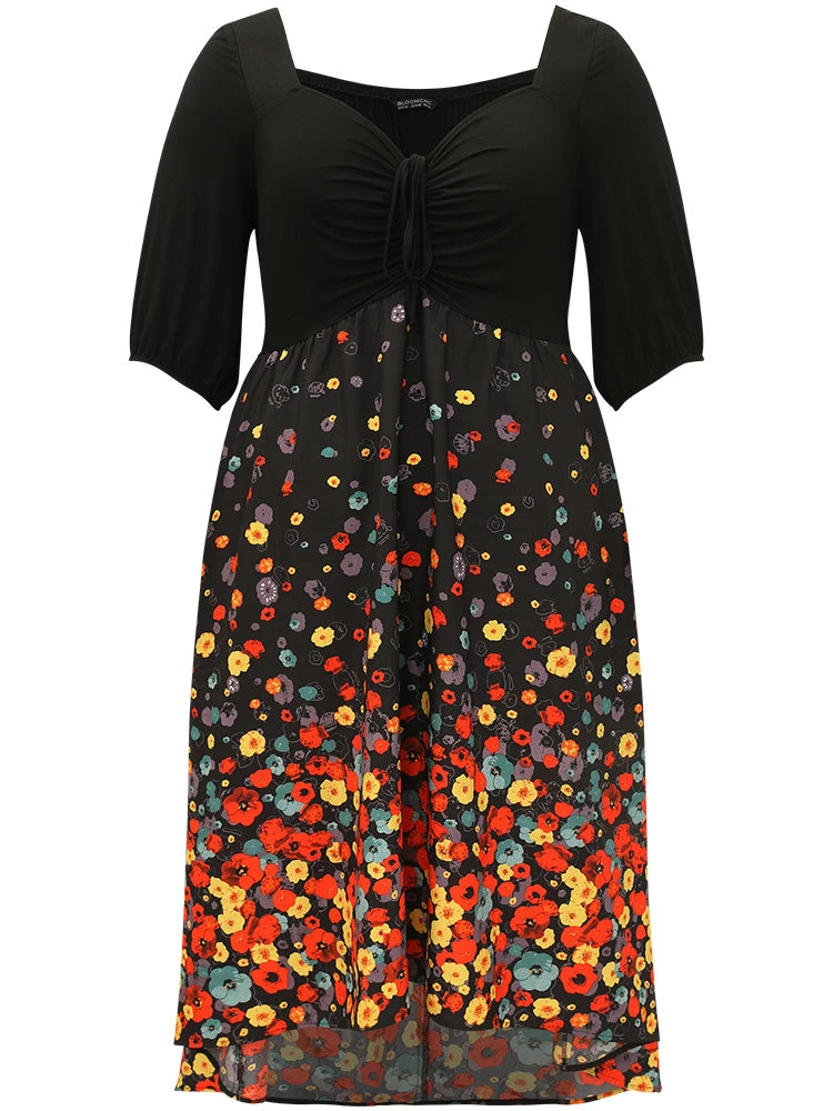 Floral Print Patchwork Drawstring Square Neck Dress 13 Floral Print Patchwork Drawstring Square Neck Dress - Image 11