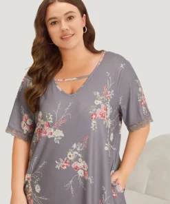 Floral Print Keyhole Pocket Lace Panel Night Dress -Clothing Shop 867845726 dw