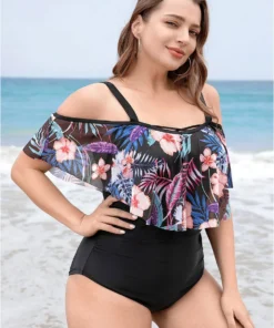 Floral Patchwork Asymmetrical Ruffle Trim Crisscross One Piece Swimsuit