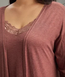 Solid Guipure Lace Pocket Open Front Loungewear -Clothing Shop 868386595 iu