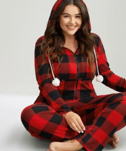 Plaid Zipper Hooded Fluffy Ball Pocket Sleep Jumpsuit 13 Plaid Zipper Hooded Fluffy Ball Pocket Sleep Jumpsuit -Clothing Shop 868431493 uc