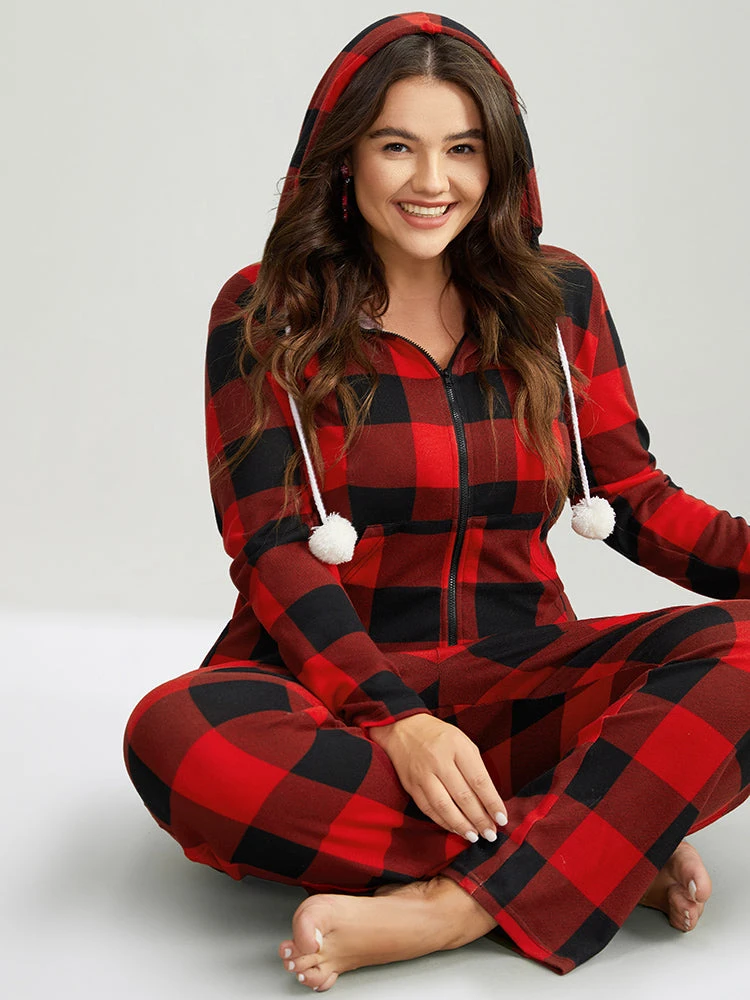 Plaid Zipper Hooded Fluffy Ball Pocket Sleep Jumpsuit 7 Plaid Zipper Hooded Fluffy Ball Pocket Sleep Jumpsuit - Image 5