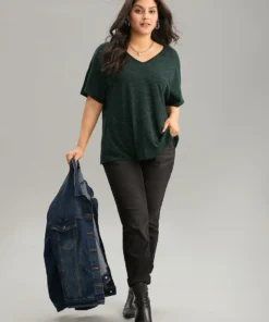 Solid Heather V Neck Dolman Sleeve T-shirt -Clothing Shop 869440635 cp