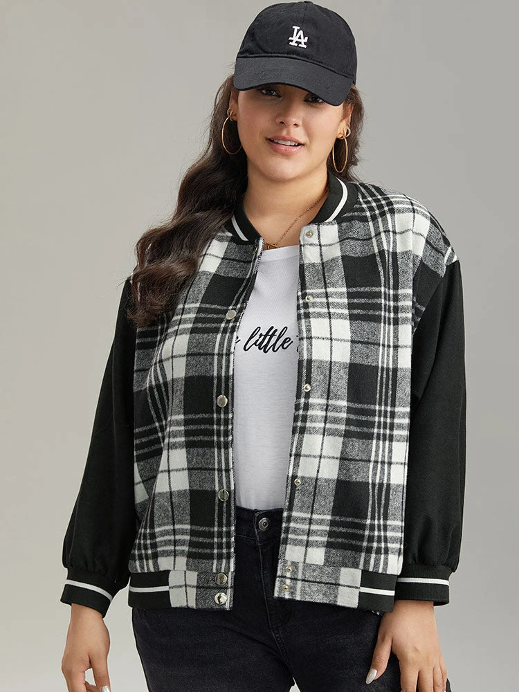Plaid Button Through Pocket Baseball Collar Bomber Jacket 7 Plaid Button Through Pocket Baseball Collar Bomber Jacket - Image 5