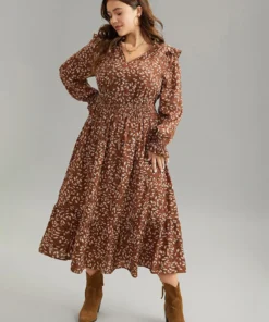 Ditsy Floral Flutter Trim Pocket Shirred Dress