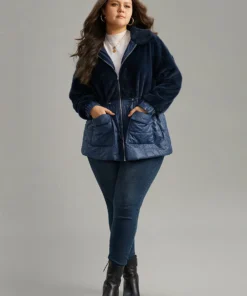 Fuzzy Patchwork Zipper Drawstring Coat -Clothing Shop 871701671 sh