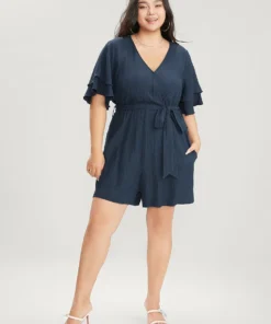 Plain Surplice Neck Ruffle Sleeve Pocket Belted Romper -Clothing Shop 871901122 tm