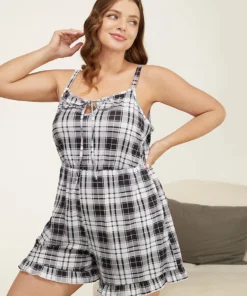Plaid Keyhole Pocket Ruffle Trim Sleep Romper -Clothing Shop 87208197 sr e2f7cefb 1d67 417a adde 676fd015b989