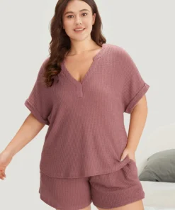 Waffle Knit Notched Roll Batwing Sleeve Sleep Top 16 Waffle Knit Notched Roll Batwing Sleeve Sleep Top -Clothing Shop 8722655 px