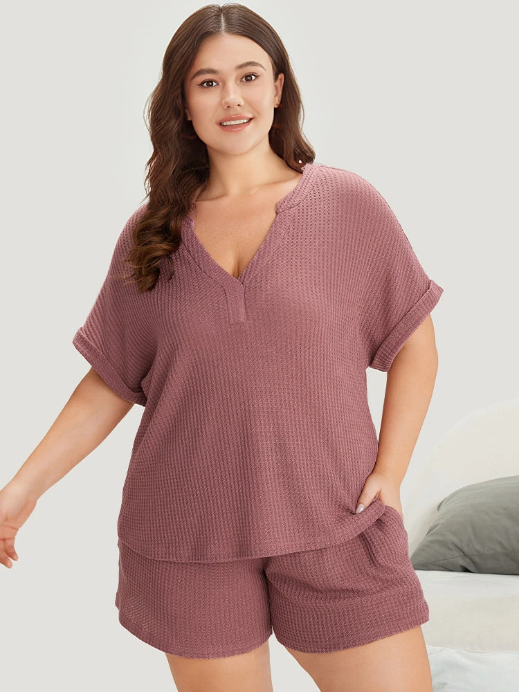 Waffle Knit Notched Roll Batwing Sleeve Sleep Top 8 Waffle Knit Notched Roll Batwing Sleeve Sleep Top - Image 6