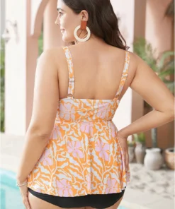 Floral Crossover Front Flutter Scoop Neck Tankini Top -Clothing Shop 872771909 cq