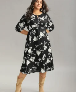 Silhouette Floral Print Texture Keyhole Lantern Sleeve Dress