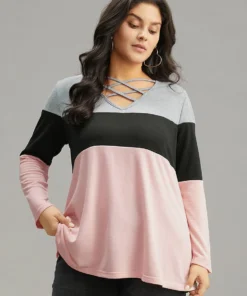 Colorblock Contrast Crisscross V Neck Sweatshirt -Clothing Shop 874619681 yk b290e85c d253 455d 827d 1c3381bcdff4