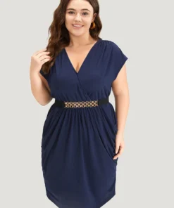 Plain Wrap Gathered Curved Hem Metal Detail Belted Dress -Clothing Shop 875226954 fl