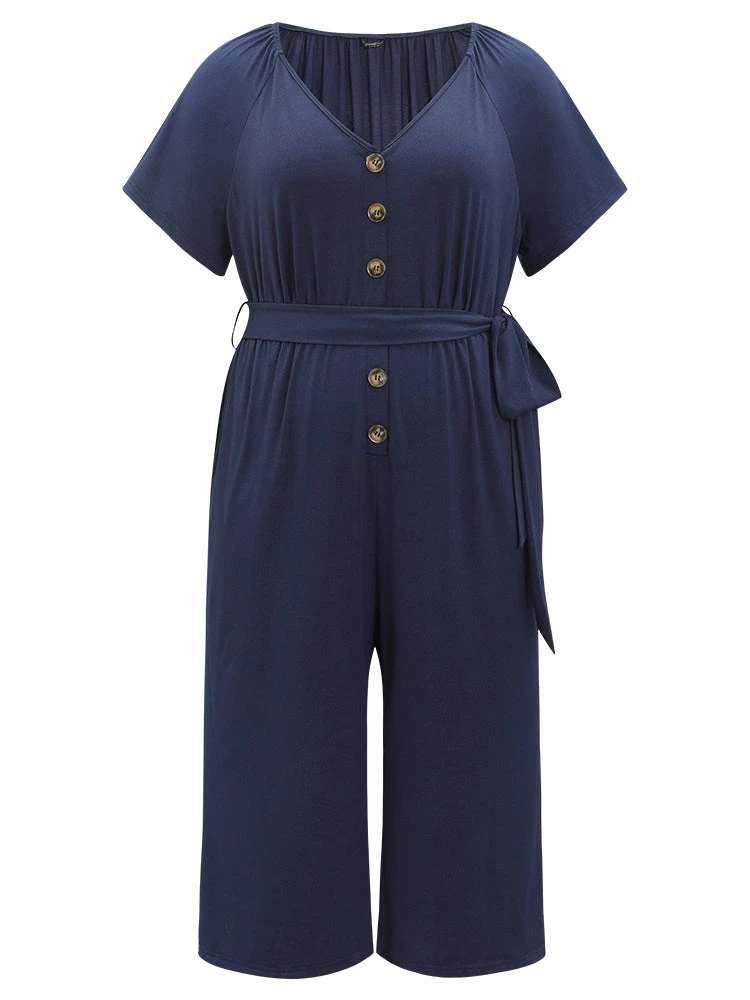 Solid Button Up V Neck Belted Gathered Flutter Sleeve Jumpsuit 10 Solid Button Up V Neck Belted Gathered Flutter Sleeve Jumpsuit - Image 8