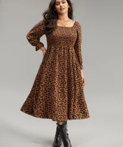 Leopard Print Shirred Square Neck Pocket Dress