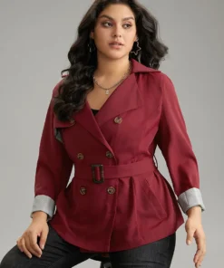 Twill Lapel Collar Belted Button Up Buckle Detail Coat