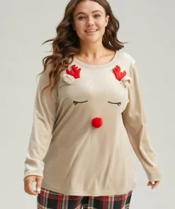 Christmas Elk Fluffy Ball Round Neck Sleep Top -Clothing Shop 876296254 yo