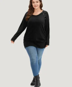 Plain Gathered Button Detail T-shirt -Clothing Shop 87680559 by e7d313a0 8da8 43df 9817 2e92cdfc7d53