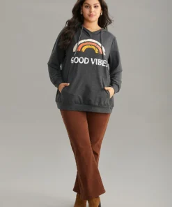 Rainbow Print Kangaroo Pocket Hooded Sweatshirt -Clothing Shop 876887340 es