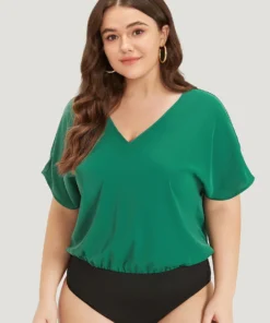 Solid V Neck Dolman Sleeve Cut Out Bodysuit -Clothing Shop 876982491 ij