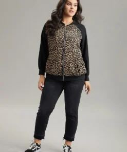 Leopard Print Pocket Zipper Bomber Jacket -Clothing Shop 877103958 jr