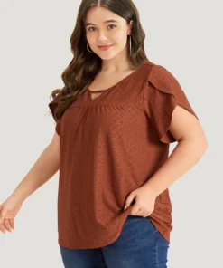 Plain Geometric Eyelet Keyhole Petal Sleeve T-shirt -Clothing Shop 877443557 yb 36c23357 a1da 4ea4 b967 b381d5971d38