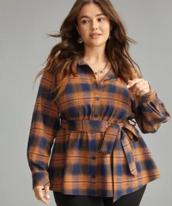 Plaid Elastic Waist Shirt Collar Blouse