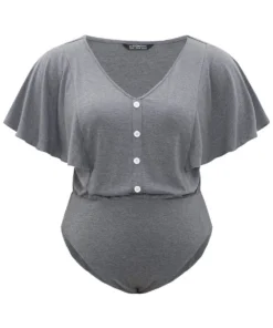 Plain Button Detail Flutter Sleeve Bodysuit -Clothing Shop 879766824 ac