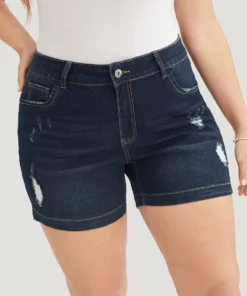 Moderately Stretchy High Rise Dark Wash Distressed Denim Shorts -Clothing Shop 8797743 kq 48ff7954 f60f 48ea aa48 56fcbd3b2160