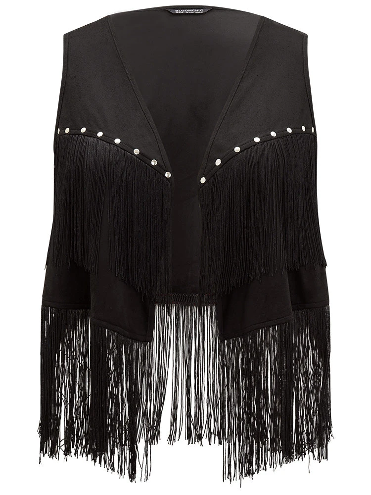 Plain Tassel Trim Rivets Sleeveless Jacket 10 Plain Tassel Trim Rivets Sleeveless Jacket - Image 8