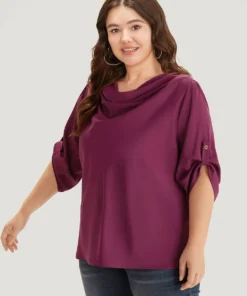 Solid Cowl Neck Tab Sleeve Blouse -Clothing Shop 880803561 mb