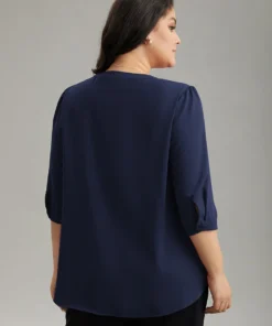 Anti-Wrinkle Plain Half Zip Gathered Blouse -Clothing Shop 88091315 vy
