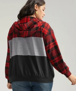 Plaid Contrast Patchwork Drawstring Zipper Jacket -Clothing Shop 880999230 qs