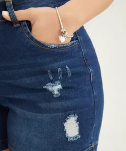 Moderately Stretchy High Rise Dark Wash Distressed Denim Shorts -Clothing Shop 881575045 je