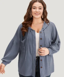 Plain Texture Pocket Button Through Drawstring Hooded Jacket