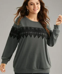 Plain Round Neck Patchwork Lace Panel Sweatshirt