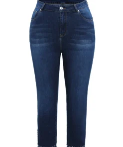Plain Split Side Beaded Detail Dark Wash Jeans -Clothing Shop 882365480 zf