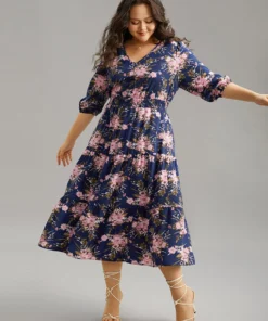 Floral Print Shirred Elastic Cuffs Dress